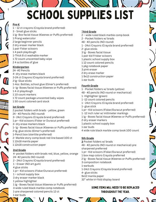 School Supplies list